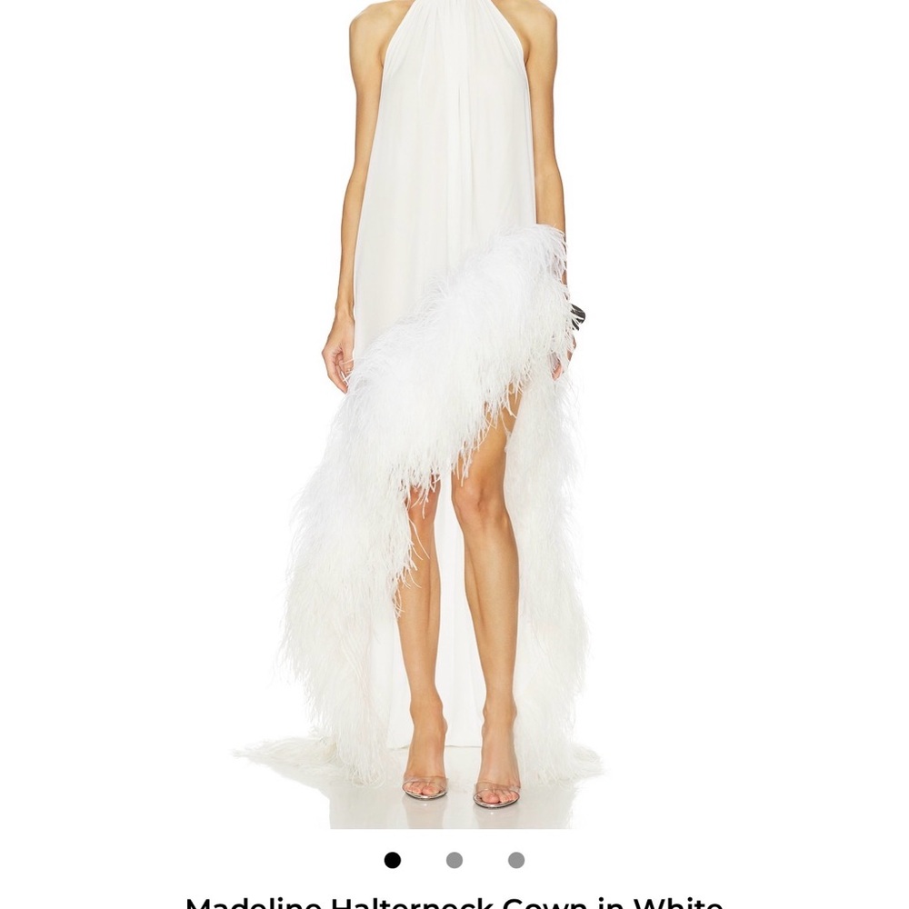 Bronx and Banco White Halterneck Feather-Trim Gown